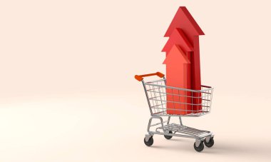 Shopping cart trolly with red inflation arrow. Cost of living crisis. Price of food shopping. 3D Rendering.