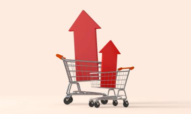 Shopping cart trolly with red inflation arrow. Cost of living crisis. Price of food shopping. 3D Rendering.