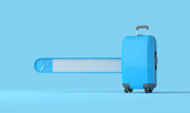 Online summer vacation search. Blank search bar with a travel suitcase. 3D Rendering.