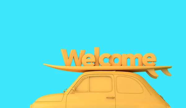 Vintage Retro Car Surfboard Roof Word Welcome Road Trip Vacation — ストック写真