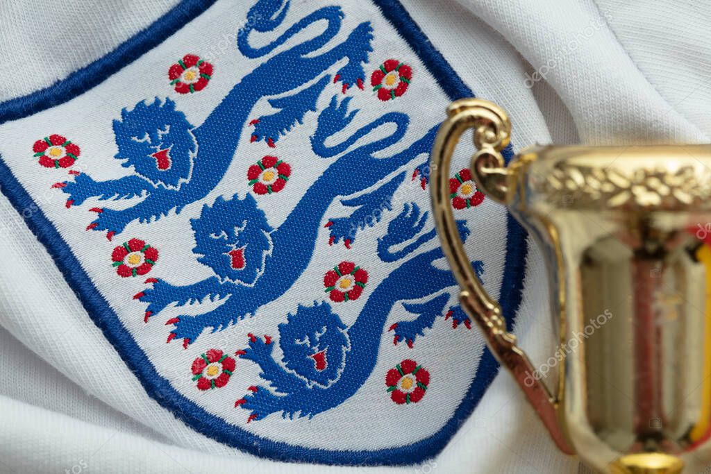 LONDON, UK - August 2022: Three lions national emblem badge on an England football team shirt.
