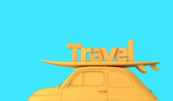 Vintage Retro Car Surfboard Roof Word Travel Road Trip Vacation — 图库照片