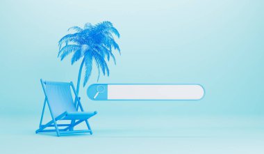 Online summer holiday search. Blank search bar with a deckchair and palm tree. 3D Rendering.