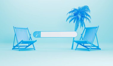 Online summer holiday search. Blank search bar with a deckchair and palm tree. 3D Rendering.