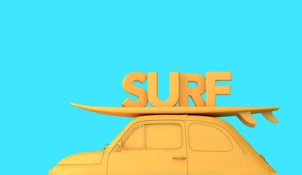 Vintage retro car with a surfboard on the roof and the word Travel. Road trip vacation background. 3D Rendering.