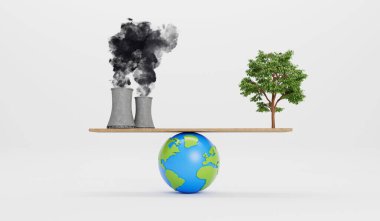 Polluting factory and green tree balancing on a globe. Save the world concept. 3D Rendering.