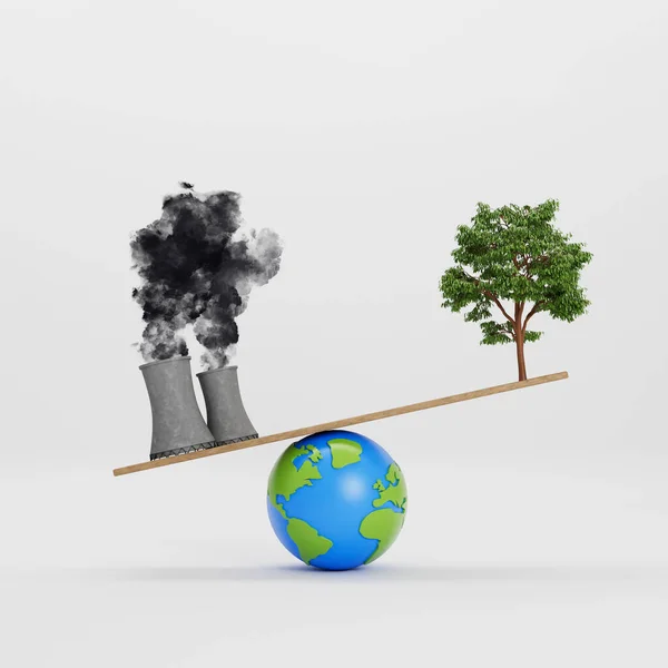 Polluting Factory Green Tree Balancing Globe World Concept Rendering —  Fotos de Stock