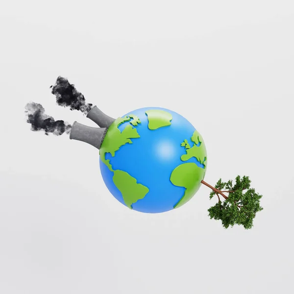 Polluting Factory Green Tree Globe World Concept Rendering — Zdjęcie stockowe