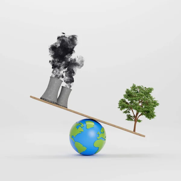 Polluting Factory Green Tree Balancing Globe World Concept Rendering — Stockfoto