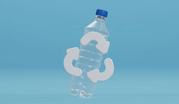 Waste plastic water bottle with a recycling symbol. 3D Rendering.