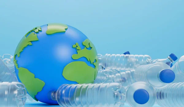 Earth globe with empty plastic bottles. Global plastic pollution concept. 3D Rendering.
