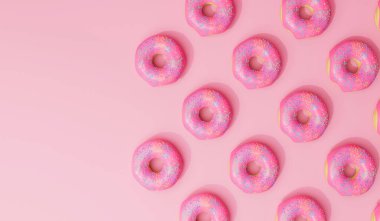 Pink frosted donut background with sprinkles. 3D Rendering.
