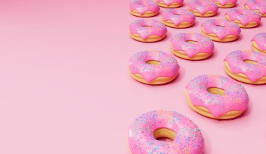 Pink frosted donut background with sprinkles. 3D Rendering.