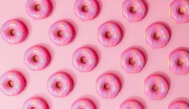 Pink frosted donut background with sprinkles. 3D Rendering.