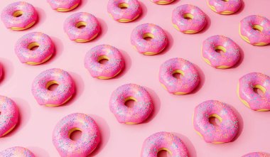 Pink frosted donut background with sprinkles. 3D Rendering.