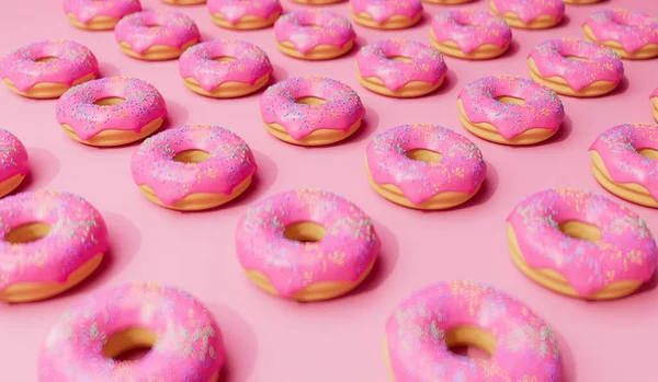 Pink frosted donut background with sprinkles. 3D Rendering.