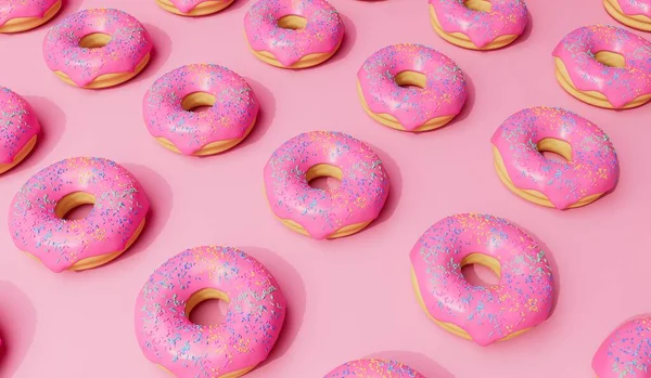 Pink frosted donut background with sprinkles. 3D Rendering.