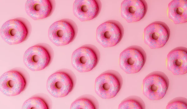 Pink frosted donut background with sprinkles. 3D Rendering.