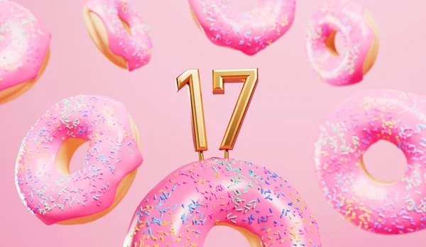 Happy 17Th Birthday Celebration Background Pink Frosted Donuts Rendering — Zdjęcie stockowe