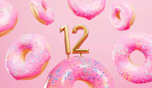 Happy 12Th Birthday Celebration Background Pink Frosted Donuts Rendering — Zdjęcie stockowe