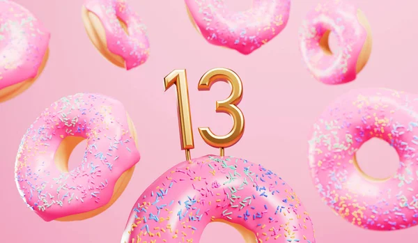 Happy 13Th Birthday Celebration Background Pink Frosted Donuts Rendering — Stok Foto