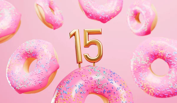 Happy 15Th Birthday Celebration Background Pink Frosted Donuts Rendering — Foto de Stock