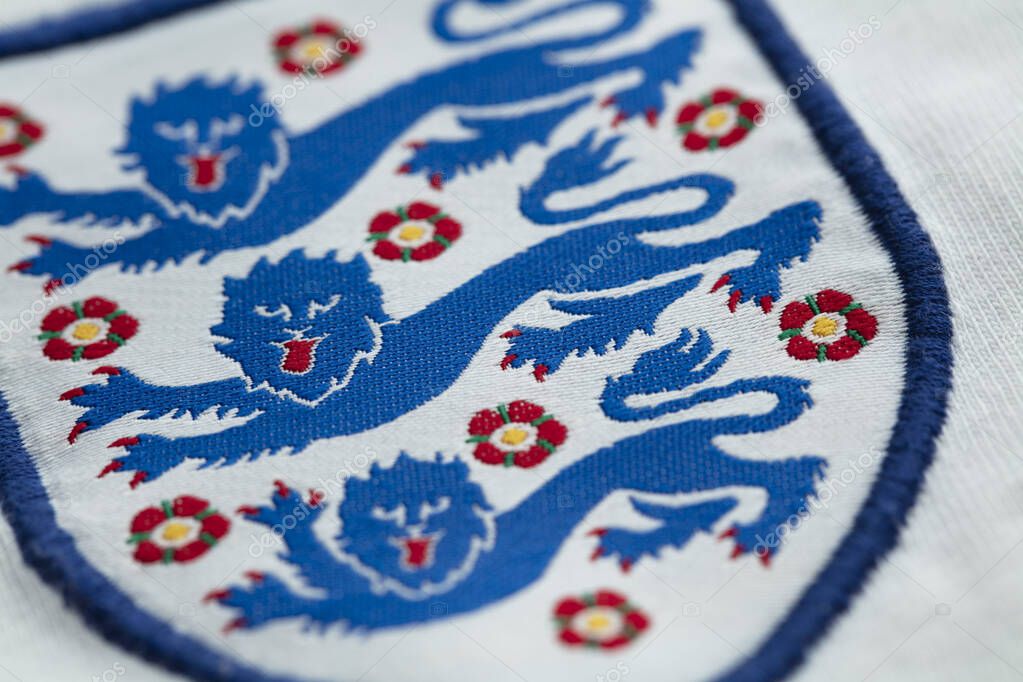 LONDON, UK - August 2022: Three lions national emblem badge on an England football team shirt.