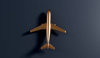 Luxury gold airplane against a dark background. VIP travel concept. 3D Rendering.