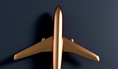 Luxury gold airplane against a dark background. VIP travel concept. 3D Rendering.