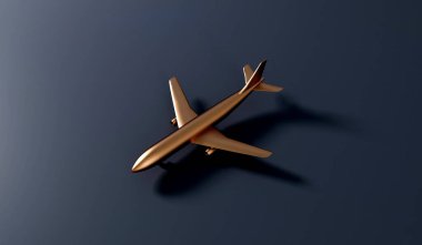 Luxury gold airplane against a dark background. VIP travel concept. 3D Rendering.