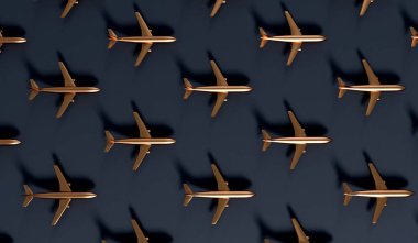 Luxury gold airplane against a dark background. VIP travel concept. 3D Rendering.