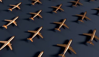 Luxury gold airplane against a dark background. VIP travel concept. 3D Rendering.