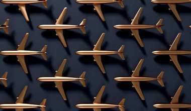 Luxury gold airplane against a dark background. VIP travel concept. 3D Rendering.