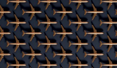 Luxury gold airplane against a dark background. VIP travel concept. 3D Rendering.