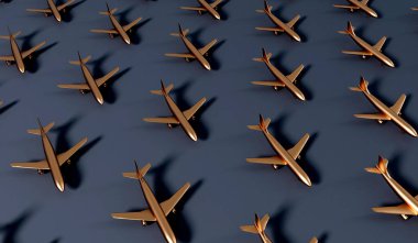 Luxury gold airplane against a dark background. VIP travel concept. 3D Rendering.