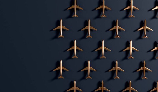 Роскошный золотой самолет на темном фоне. Концепция путешествий VIP. 3D рендеринг.
