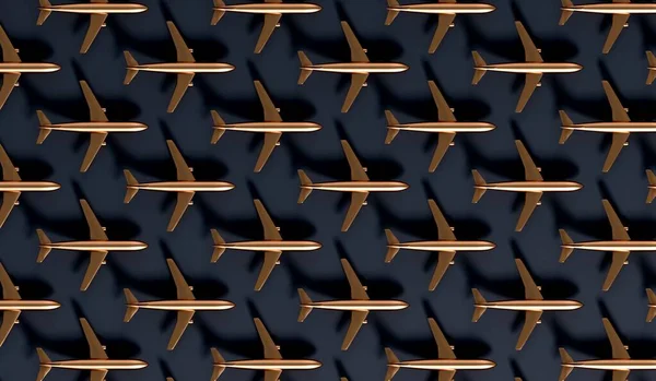 Luxury gold airplane against a dark background. VIP travel concept. 3D Rendering.