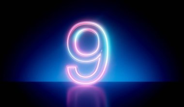 Number 9 neon glowing futuristic tube light. 3D Rendering.