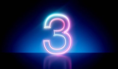 Number 3 neon glowing futuristic tube light. 3D Rendering.
