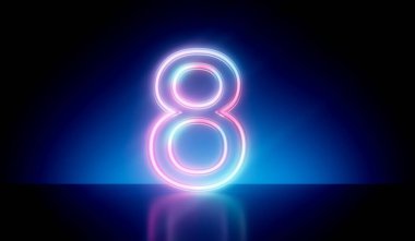 Number 8 neon glowing futuristic tube light. 3D Rendering.