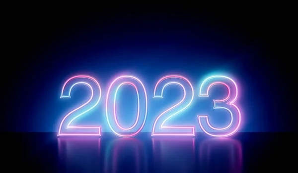 Happy New Year 2023 Neon Glowing Lights Background Rendering — Stok fotoğraf