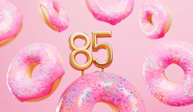 Happy 85th birthday celebration background with pink frosted donuts. 3D Rendering.