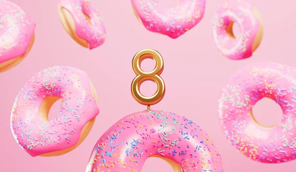 Happy 8Th Birthday Celebration Background Pink Frosted Donuts Rendering — 图库照片