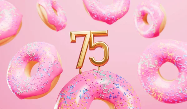 Happy 75Th Birthday Celebration Background Pink Frosted Donuts Rendering — Fotografia de Stock