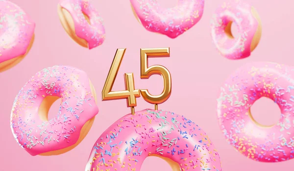 Happy 45Th Birthday Celebration Background Pink Frosted Donuts Rendering — 图库照片
