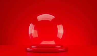 Christmas glass snow globe empty dome for product placement. Festive podium. 3D Render.