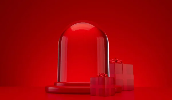 Christmas glass snow globe empty dome for product placement. Festive podium with red gift boxes. 3D Render.