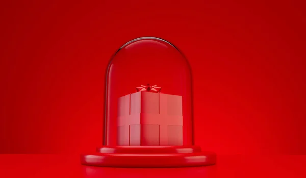 Christmas glass snow globe empty dome for product placement. Festive podium with red gift boxes. 3D Render.