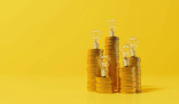 Rising Energy Cost Concept Light Bulb Top Stack Gold Coins — Zdjęcie stockowe