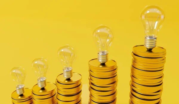 Rising energy cost concept. Light bulb on top of a stack of gold coins. 3D Rendering.